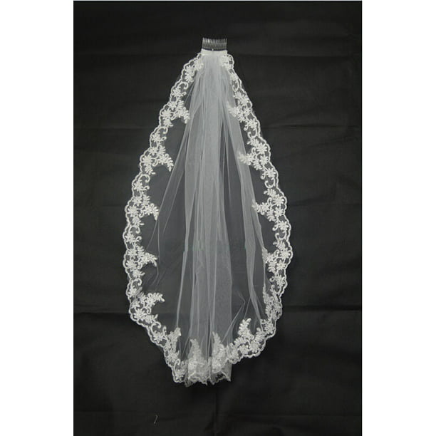 Single Layer White Ivory Bridal Veil with Comb Lace Applique Crystal Wedding